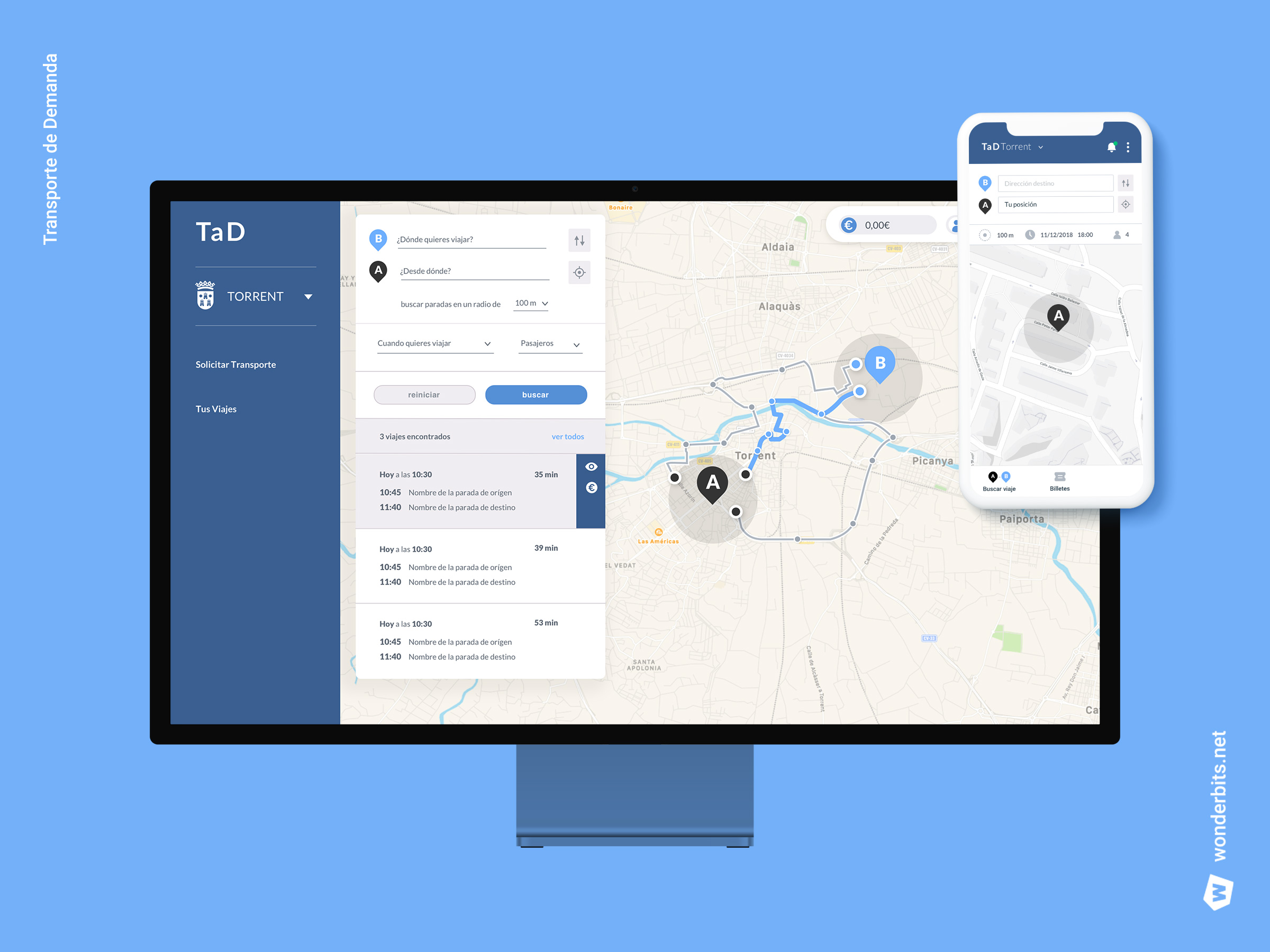 mapa y cuadro con la información de un trayecto, parada y horarios